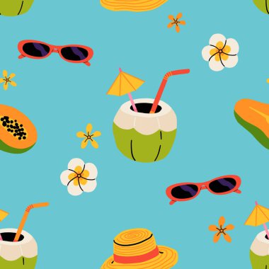 Tropikal tatil için yaz ikonlarıyla kusursuz desen. Dondurma, ananas, tropik yapraklar, tesisat, karpuz, sörf tahtası, plaj aksesuarları, mayolu düz vektör sezonu koleksiyonu.