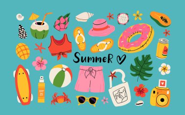 Yazlık çıkartmalar. Tropik tatil için ikonlar. Dondurma, ananas, tropik yapraklar, tesisat, karpuz, sörf tahtası, plaj aksesuarları, mayolu düz vektör sezonu koleksiyonu.