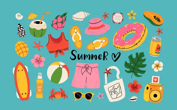 Yazlık çıkartmalar. Tropik tatil için ikonlar. Dondurma, ananas, tropik yapraklar, tesisat, karpuz, sörf tahtası, plaj aksesuarları, mayolu düz vektör sezonu koleksiyonu.