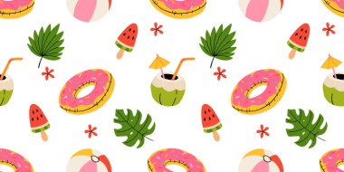 Tropikal tatil için yaz ikonlarıyla kusursuz desen. Dondurma, ananas, tropik yapraklar, tesisat, karpuz, sörf tahtası, plaj aksesuarları, mayolu düz vektör sezonu koleksiyonu.