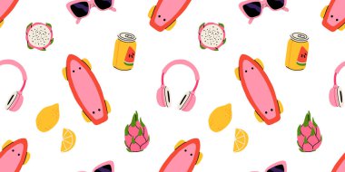 Tropikal tatil için yaz ikonlarıyla kusursuz desen. Dondurma, ananas, tropik yapraklar, tesisat, karpuz, sörf tahtası, plaj aksesuarları, mayolu düz vektör sezonu koleksiyonu.