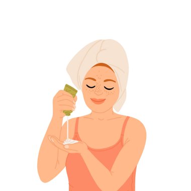 Kadın yüz temizleme ve nemlendirici cilt bakım ürünlerini evde uyguluyor. Temizleyici ve nemlendirici ile günlük cilt bakımı rutini. Renkli düz grafik vektör çizimi beyaza izole edildi