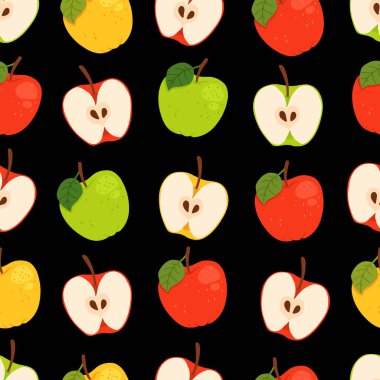 Elma yaprakları ve elma dilimleriyle kusursuz vektör deseni. Yeşil, kırmızı ve sarı elma seti, kes. Kumaş, çizim etiketleri, yazdırma için vektör el çizimi.