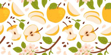 Çiçeksiz desenli, sarı elmalı ve çiçek dallı. Meyve hasadı ve çiçek bitkileriyle beyaz arka plan tekrarlanıyor. Tasarım, baskı, kağıt, kart için el çizimi vektör botanik çizimi