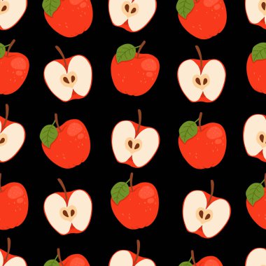 Siyah arka planda kırmızı elmalı kusursuz desen. Tam ve dilimlenmiş elma. Duvar kağıdı, kumaş, etiket, ambalaj için harika bir tasarım..