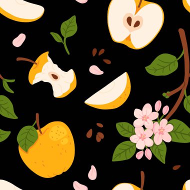 Çiçeksiz desenli, sarı elmalı ve çiçek dallı. Meyve hasadı ve çiçek bitkileriyle tekrar eden siyah arka plan. Tasarım, baskı, kağıt, kart için el çizimi vektör botanik çizimi