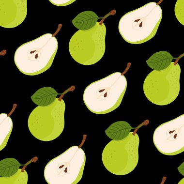 Çizgi film yeşil armutlarıyla modern düz şekilli kusursuz desen. Meyve arkaplanı. Kumaş ve duvar kağıdı için vektör baskısı. Siyah arka planda şirin meyveler.