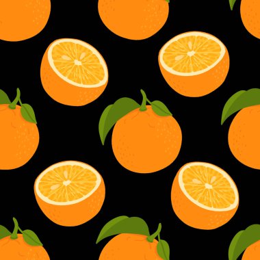 Portakal meyvesi. Siyah arkaplandaki portakal deseni. Tam portakallı meyve, ikiye bölünmüş ve dilimlenmiş. Duvar kağıdı, kumaş, etiket, ambalaj için harika bir tasarım..
