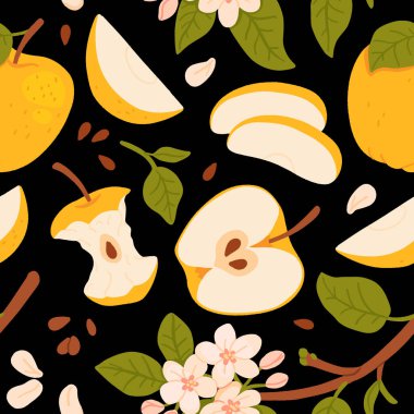 Çiçeksiz desenli, sarı elmalı ve çiçek dallı. Meyve hasadı ve çiçek bitkileriyle tekrar eden siyah arka plan. Tasarım, baskı, kağıt, kart için el çizimi vektör botanik çizimi