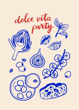 La Dolce Vita vintage posterleri. Makarna, Mozzarella, Kahve, Deniz Ürünleri ve Bitkilerle İtalyan Yaz Çizgisi Sanat Vektörü Seti. Vektör illüstrasyon mürekkebi çizim biçimi.