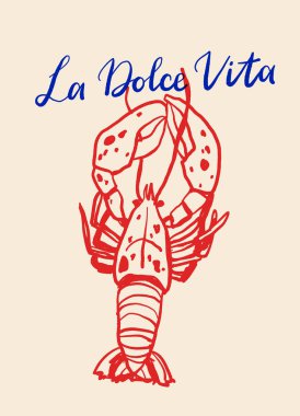 La Dolce Vita vintage posterleri. Makarna, Mozzarella, Kahve, Deniz Ürünleri ve Bitkilerle İtalyan Yaz Çizgisi Sanat Vektörü Seti. Vektör illüstrasyon mürekkebi çizim biçimi.