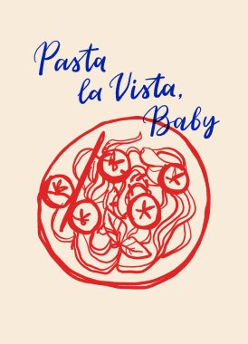 La Dolce Vita vintage posterleri. Makarna, Mozzarella, Kahve, Deniz Ürünleri ve Bitkilerle İtalyan Yaz Çizgisi Sanat Vektörü Seti. Vektör illüstrasyon mürekkebi çizim biçimi.