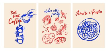 Elle çizilmiş tipografi ve karalamalarla İtalyan yemeği ve kahve retro posterleri. Mavi ve kırmızı mürekkep biçiminde vektör ayarlandı.
