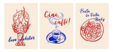 Elle çizilmiş tipografi ve karalamalarla İtalyan yemeği ve kahve retro posterleri. Mavi ve kırmızı mürekkep biçiminde vektör ayarlandı.