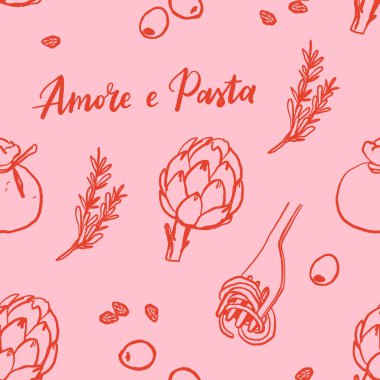 Elle çizilmiş Akdeniz mutfağı pürüzsüz desen. İtalya la dolce vita sahil gıda kıyı baskısı, ambalaj kağıdı, retro kumaş, tekstil tasarımı. Karalama çizimi pastel boya çizim biçimi çizimi çizimi.