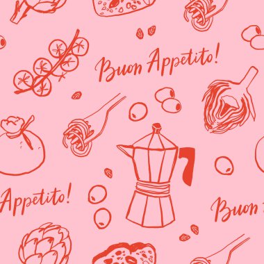 Elle çizilmiş Akdeniz mutfağı pürüzsüz desen. İtalya la dolce vita sahil gıda kıyı baskısı, ambalaj kağıdı, retro kumaş, tekstil tasarımı. Karalama çizimi pastel boya çizim biçimi çizimi çizimi.