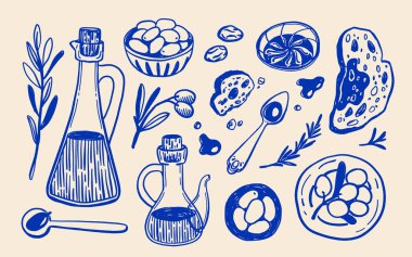 Rustik Zeytin Yağı Koleksiyonu, Zeytin Şişeleri 'nin Mavi El Çizimi, Zeytinler, Bitkiler, Ekmek ve Yağ Damlaları Bej Arkaplanda. Satır Sanat Biçimli Akdeniz Mutfak Dekorasyonu