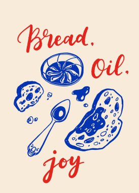 El yapımı zeytin yağı posteri, zeytin, ekmek ve el yazısıyla bej arka planda mavi mürekkeple yazılmış yazı. Klasik biçim vektör illüstrasyonu