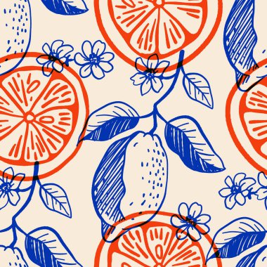 Elle çizilmiş limonlar, limon dilimleri, çiçekler ve mürekkep çizimi tarzında yapraklarla kusursuz vektör deseni. Tekstil, ambalaj kağıdı ve mutfak için sarı ve mavi renkli zarif Akdeniz meyve tasarımı