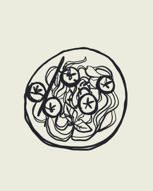 Elle çizilmiş makarna çizimi vektörü. Çeri domatesli ve fesleğenli. Akdeniz dolce vita stili.