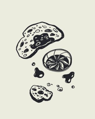 Rustik Zeytin Yağı Koleksiyonu, Zeytin Şişeleri 'nin Mavi El Çizimi, Zeytinler, Bitkiler, Ekmek ve Yağ Damlaları Bej Arkaplanda. Satır Sanat Biçimli Akdeniz Mutfak Dekorasyonu