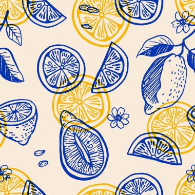 Elle çizilmiş limonlar, limon dilimleri, çiçekler ve mürekkep çizimi tarzında yapraklarla kusursuz vektör deseni. Tekstil, ambalaj kağıdı ve mutfak için sarı ve mavi renkli zarif Akdeniz meyve tasarımı