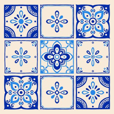 Mavi ve bej renkli el çizimi çiçek ve geometrik motiflerle Akdeniz seramik fayansları ile vektör illüstrasyonuName