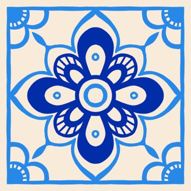 Mavi ve bej renkli el çizimi çiçek ve geometrik motiflerle Akdeniz seramik fayansları ile vektör illüstrasyonuName