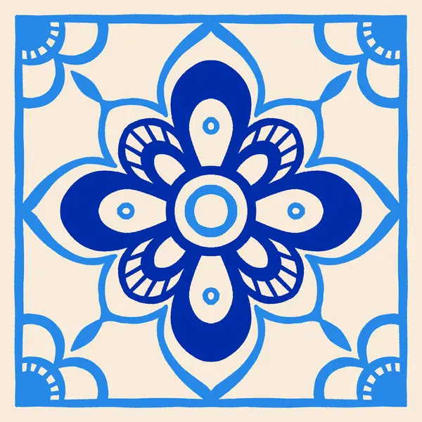 Mavi ve bej renkli el çizimi çiçek ve geometrik motiflerle Akdeniz seramik fayansları ile vektör illüstrasyonuName