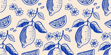 Elle çizilmiş limonlar, limon dilimleri, çiçekler ve mürekkep çizimi tarzında yapraklarla kusursuz vektör deseni. Tekstil, ambalaj kağıdı ve mutfak için sarı ve mavi renkli zarif Akdeniz meyve tasarımı