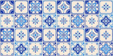 Elle çizilmiş mavi ve bej renkli çiçek ve geometrik motiflerle kusursuz Akdeniz kiremit deseni, İtalyan, İspanyol ve Portekiz vintage fayanslarından esinlenerek geleneksel seramik tasarım