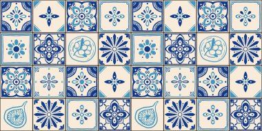 Akdeniz seramik kiremitleri pürüzsüz desen. Azulejo arabesk. Portekizce, İspanyolca, Türkçe, Hintçe, İslami, Arapça dekoru. Geometrik ve çiçekli geleneksel ulusal süs. Vektör illüstrasyonu.