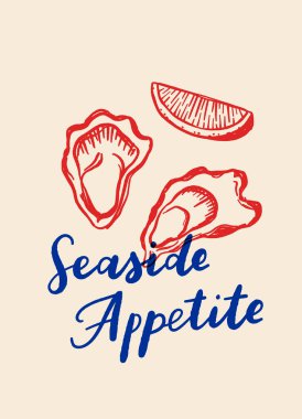 Akdeniz usulü el yapımı deniz ürünleri posteri. İçinde ıstakoz, sardalya, istiridye, karides ve limon var. Klasik mavi çizgiler restoran menüleri ve gurme markaları için mükemmel..