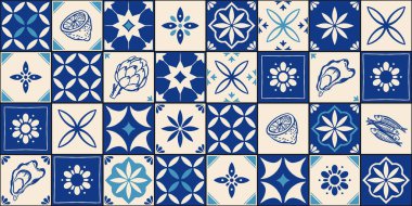Akdeniz seramik kiremitleri pürüzsüz desen. Azulejo arabesk. Portekizce, İspanyolca, Türkçe, Hintçe, İslami, Arapça dekoru. Geometrik ve çiçekli geleneksel ulusal süs. Vektör illüstrasyonu.