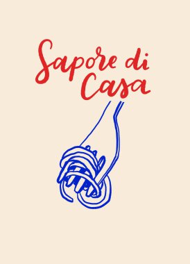 İtalyan makarna posterinden alıntılar. Mavi ve bej renkli, elle çizilmiş karalamalar ve deyişlerle bej renkli çizimler.