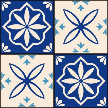 Akdeniz seramik kiremitleri pürüzsüz desen. Azulejo arabesk. Portekizce, İspanyolca, Türkçe, Hintçe, İslami, Arapça dekoru. Geometrik ve çiçekli geleneksel ulusal süs. Vektör illüstrasyonu.