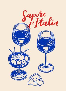 Pizza dilimleri, karides, aile yadigarı domatesler, şarap bardakları, peynir, limon dilimleri, zeytinler, bej arka planda elle çizilmiş mavi mürekkep vektörü. La dolce vita Akdeniz tarzı.