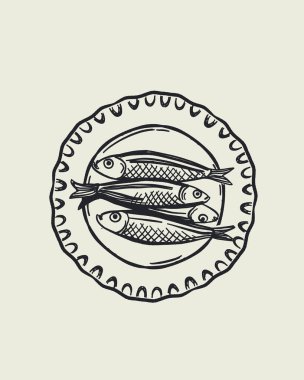 Akdeniz usulü el yapımı deniz ürünleri posteri. İçinde ıstakoz, sardalya, istiridye, karides ve limon var. Klasik mavi çizgiler restoran menüleri ve gurme markaları için mükemmel..