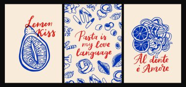 İtalyan mutfağı ve deniz ürünleri makarna, deniz ürünleri, şarap, limon, kabuk, otlar ve düz çizgi film vektör tarzında dekoratif mavi fayanslar, Akdeniz mutfak duvarı resimleri.