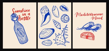 İtalyan mutfağı ve deniz ürünleri makarna, deniz ürünleri, şarap, limon, kabuk, otlar ve düz çizgi film vektör tarzında dekoratif mavi fayanslar, Akdeniz mutfak duvarı resimleri.