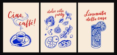 İtalyan mutfağı ve deniz ürünleri makarna, deniz ürünleri, şarap, limon, kabuk, otlar ve düz çizgi film vektör tarzında dekoratif mavi fayanslar, Akdeniz mutfak duvarı resimleri.