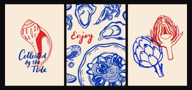 İtalyan mutfağı ve deniz ürünleri makarna, deniz ürünleri, şarap, limon, kabuk, otlar ve düz çizgi film vektör tarzında dekoratif mavi fayanslar, Akdeniz mutfak duvarı resimleri.