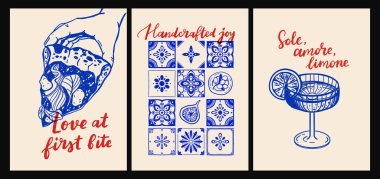 İtalyan mutfağı ve deniz ürünleri makarna, deniz ürünleri, şarap, limon, kabuk, otlar ve düz çizgi film vektör tarzında dekoratif mavi fayanslar, Akdeniz mutfak duvarı resimleri.