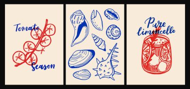 İtalyan mutfağı ve deniz ürünleri makarna, deniz ürünleri, şarap, limon, kabuk, otlar ve düz çizgi film vektör tarzında dekoratif mavi fayanslar, Akdeniz mutfak duvarı resimleri.