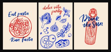 İtalyan mutfağı ve deniz ürünleri makarna, deniz ürünleri, şarap, limon, kabuk, otlar ve düz çizgi film vektör tarzında dekoratif mavi fayanslar, Akdeniz mutfak duvarı resimleri.