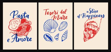 İtalyan mutfağı ve deniz ürünleri makarna, deniz ürünleri, şarap, limon, kabuk, otlar ve düz çizgi film vektör tarzında dekoratif mavi fayanslar, Akdeniz mutfak duvarı resimleri.