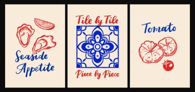 İtalyan mutfağı ve deniz ürünleri makarna, deniz ürünleri, şarap, limon, kabuk, otlar ve düz çizgi film vektör tarzında dekoratif mavi fayanslar, Akdeniz mutfak duvarı resimleri.