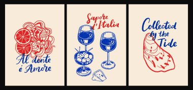 İtalyan mutfağı ve deniz ürünleri makarna, deniz ürünleri, şarap, limon, kabuk, otlar ve düz çizgi film vektör tarzında dekoratif mavi fayanslar, Akdeniz mutfak duvarı resimleri.