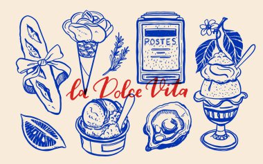 İtalyan dondurması, istiridye, baget, limon ve retro posta kutusu içeren La Dolce Vita posteri. Mavi ve kırmızı klasikler çizilmiş. Geleneksel İtalyan tatlıları yaz yemeği illüstrasyonu.