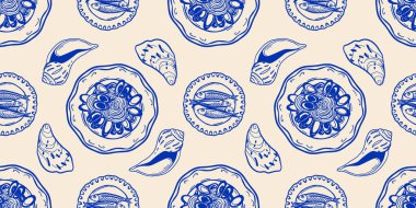 Minimalist el çizimi makarna vektörü pürüzsüz desen. Farklı Akdeniz spagettisi tipleri. İtalya la dolce vita Sahil Gıda ambalaj kağıdı, tekstil.